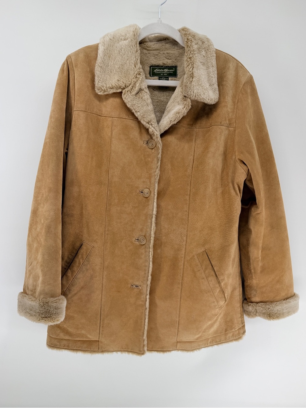 Eddie Bauer Suede Leather Penny Lane Coat M Camel Faux Fur Boho 70s vs